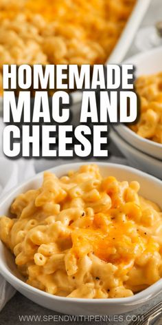 homemade macaroni and cheese in a white bowl with text overlay that reads homemade macaroni and cheese