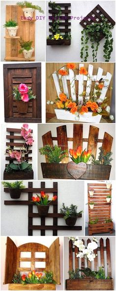 many different pictures of flowers in wooden crates