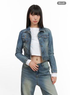 Product Detail Style : Street, Casual Occasion : Back to school Detail : Buttoned Print : Washed Material : Cotton, Denim Sleeve : Long sleeve Neck : Collar Length : Crop Cotton100 Color : Blue Made in Korea Model Size Model is wearing size S/M and the color Blue. Height : 5'7" | 171cm / Top : XS / Bottom : S (25 inch) .prddescription table, .prddescription td, .prddescription th { border : 1px solid black; border-collapse : collapse; padding: 10px; } Size(Inch) Size Shoulder Bust Sleeve Length Fitted Long Sleeve Denim Jacket In Medium Wash, Casual Slim Fit Outerwear For Spring, Casual Slim Fit Outerwear With Pockets, Fitted Washed Blue Denim Top Casual, Casual Fitted Washed Blue Denim Top, Fitted Button-up Denim Vest, Fitted Dark Wash Denim Top, Fitted Button-up Casual Denim Vest, Fitted Washed Blue Denim Jacket For Streetwear