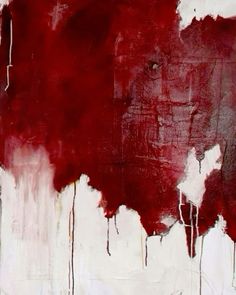 an abstract painting with red and white colors