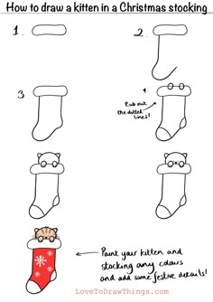 how to draw a kitten in a christmas stocking step by step instructions for kids