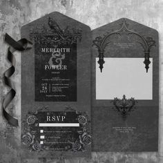 the wedding stationery was designed to look like an old - fashioned gothic castle