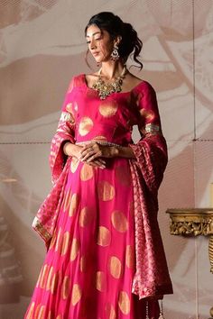 Hot pink banarasi georgette lehenga with circular motifs and gota embroidery. Comes with a blouse and a dupatta. - Aza Fashions Bollywood Wedding Palazzo Set With Motifs, Wedding Palazzo Set With Motifs, Festive Georgette Lehenga With Motifs, Festive Wedding Palazzo Set With Motifs, Reception Georgette Dupatta With Motifs, Georgette Dupatta With Motifs For Reception, Diwali Palazzo Set With Self Design For Receptions, Pink Anarkali Set With Motifs For Wedding, Pink Motif Anarkali Set For Wedding