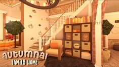 an autumn family home with pumpkins and other items in the living room, stairs leading up to the second floor