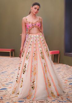 Papa Don'T Preach By Shubhika-Off-White Embellished Lehenga Set-INDIASPOPUP.COM Tulle Lehenga, Embellished Lehenga, Lengha Blouse Designs, Papa Don't Preach, Diwali Dresses, Haldi Outfits, Embroidered Apparel, Mehendi Outfits, Diwali Outfits