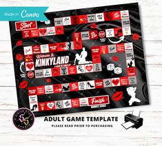 an adult game board with red and black stickers on it