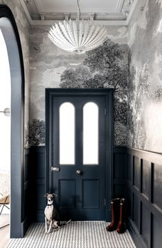 a dog sitting in front of a door with a wallpapered background and chandelier