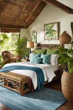 a bed sitting in a bedroom next to a window with lots of plants on top of it