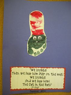 the cat in the hat handprinted on a bulletin board