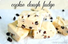 cookies doughy fudge with chocolate chips on the side and text overlay that reads cookie doughy fudge