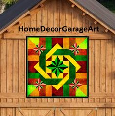 a wooden building with a green, yellow and red design on the front door that says home decor garage art