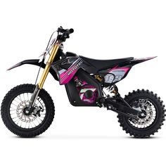 a pink dirt bike parked on top of a white surface