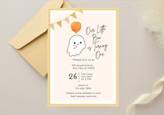 a birthday party card with a ghost holding an orange balloon on it's string