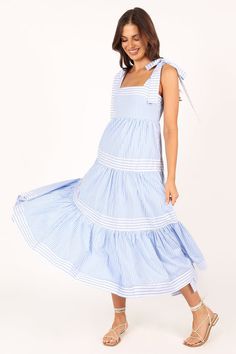 Bella Maxi Dress - Blue Stripe - Petal & Pup USA Flowy Dress Long, Pinstripe Dress, Usa Dresses, Summer Stripes, Design Square, Sleeveless Dress Summer, Dress With Tie, Print Style, Striped Tie