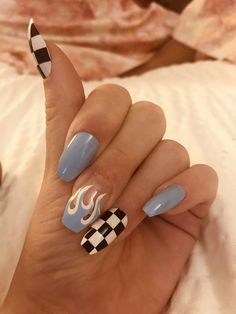 Monster Jam Nail Designs, Boy Mom Nail Ideas, Nascar Nails Designs Racing, Flame And Checkered Nails, Checkered Nails Blue, Nail Ideas Checkered, Monster Truck Nails, Race Nails Designs