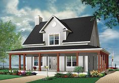 a blue house with white trim on the front and side windows is featured in this rendering