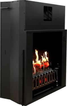 a black fire place with flames in it