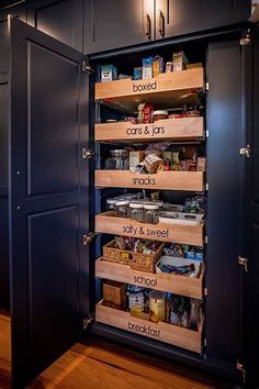 an organized pantry in a kitchen with lots of drawers and shelves on the door,