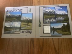 an open book with pictures of mountains and lakes in it on a wooden table top