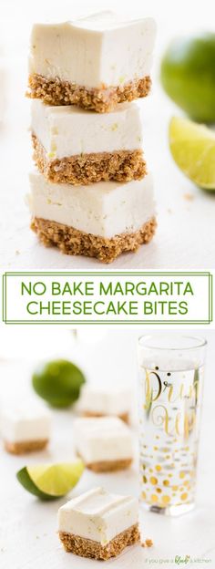 no bake margarita cheesecake bites stacked on top of each other with limes in the background