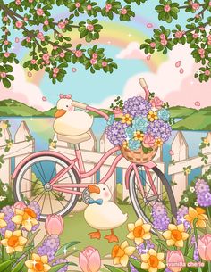 a painting of a pink bicycle with flowers and ducks