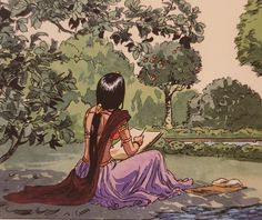 a painting of a woman sitting on the ground in front of some trees and water