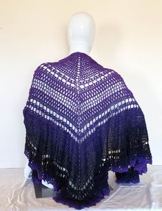 "\"Deep Twilight Shawl\" is a beautiful gradient from deep lavender to black in an oversized triangular shawl in 100% cotton. Perfect finishing touch for wedding parties, proms, or adding a pop of color to ward off chill. Lacy and textured, flowing from putple to black and back, it embodies the 'whimsigoth' style. Finished size is 65\" from wingtip to wingtip and 36\" from top to bottom point.  Care: Machine wash in cold on delicate, dry flat and \"block\" by pulling the shawl into shape to stre Purple Festival Shawl, Handmade Purple Shawl For Winter, Handmade Purple Winter Shawl, Bridesmaid Wrap, Shawl Winter, Beautiful Gradient, Gradient Yarns, Prom Accessories, Shawl Crochet