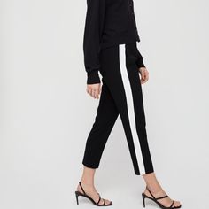 Super Cute, Comfortable, And Stylish Aritzia Babaton Straight Leg Pant, In Black With A Green Stripe On Each Side. In Excellent Condition - Never Worn. Perfect For The Office Or For Casual Wearcan Be Dressed Up Or Down. Size Xxs, But Can Definitely Fit Anywhere From An Xxs To A Size S Because The Pants Are Flowy. Black And White Striped Pants, Slim Fit Dress Pants, Aritzia Pants, Crop Dress, Slim Fit Dress, Aritzia Babaton, Slim Fit Dresses, Fit Dress, Japanese Fabric