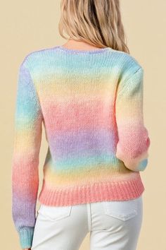 Knitted deep v neck pullover sweater. 80% Acrylic 20% Rabbit hair. Model is wearing small. Trendy Acrylic Sweater At Affordable Price, Cheap Acrylic Sweater, Subtle Rainbow Sweater, Pastel Rainbow Crochet Sweater, Rainbow Aesthetic Outfit, Sweaters Rainbow, Knitted Jumper Outfit, Jumper Outfits, Dreamy Aesthetic