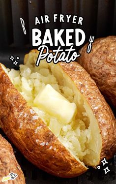 baked potato sitting on top of an air fryer with the words, air fryer baked potato