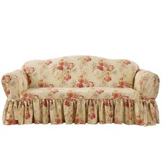 a couch with floral print on it and ruffled skirting around the armrests