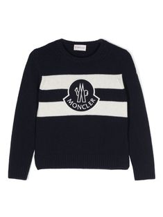 navy blue/white virgin wool knitted construction horizontal stripe pattern crew neck embroidered logo to the front long sleeves logo patch at the sleeve ribbed cuffs and hem straight hem Crew Neck Top With Striped Cuffs For Winter, Blue Winter Sweater With Striped Cuffs, Logo Crew Neck Sweater For Winter, White Logo Sweater For Winter, Classic Winter Tops With Logo, Winter Blue Logo Sweatshirt, Winter Blue Sweatshirt With Logo, Navy Crew Neck Sweater With Embroidered Logo, Classic Crew Neck Sweater With Striped Cuffs