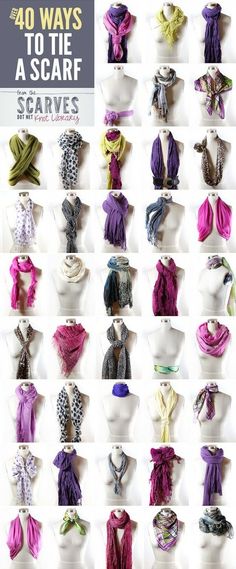 Adding a scarf is one of the easiest way to make an outfit chic! This tutorial shows 40 creative ways to wear a scarf. Ways To Tie A Scarf, Áo Blu, Ways To Tie Scarves, Tie A Scarf, Rocker Girl, Ways To Wear A Scarf, Scarf Tying, How To Wear Scarves