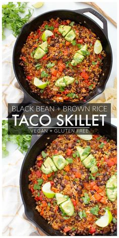 two black bean and brown rice taco skillet with avocado on top