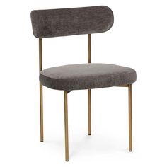 a grey chair with gold legs and a gray seat pad on the back, against a white background