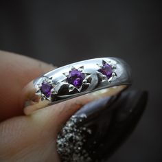 Bold Gothic vibes of this Amethyst Gypsy Ring. This statement piece boasts both style and substance, perfect for any jewellery collection. Enjoy the timeless beauty of this ring and its captivating, intricate design. Originally hand carved from wax, we now cast our gypsy rings, sizing, finishing and stone setting each one by hand. ⸸ Metal: Sterling Silver⸸ Gemstones: Amethyst ⸸ Weight: approximately 6 g⸸ Dispatch time: 10 - 15 working days If you need your order sooner please email first and we Outfit Claims, Silly Goofy, Couple Things, Stone Setting, Birth Control, Chic Fashion, Dream Jewelry, Hippie Chic, Intricate Design