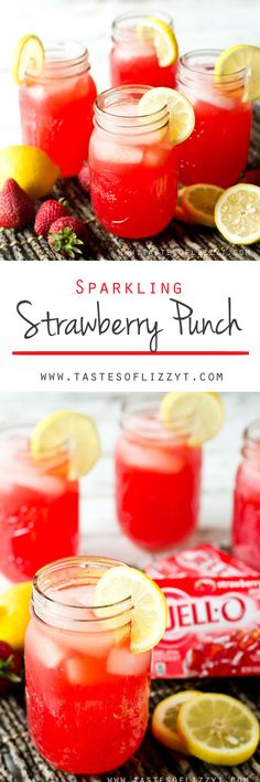 strawberry lemonade punch in mason jars with strawberries and lemons