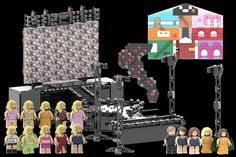 several legos are shown in front of a black background with an image of a building