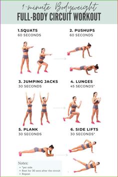 a woman doing the full body circuit workout with her arms and legs in different positions