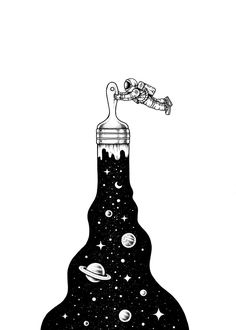 a black and white drawing of an upside down bottle with space on it's side