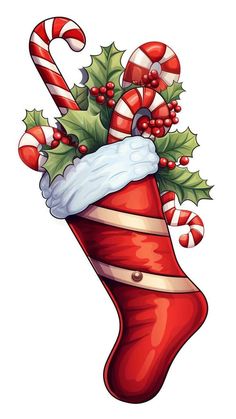 a christmas stocking with candy canes and holly on it's side is shown