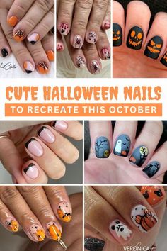 Short October Nail Designs, Halloween Theme Nails Short, Halloween Nails For Teachers, Cute Short Halloween Nail Designs, Diy Spooky Nails, Matte Halloween Nails Short, Easy At Home Halloween Nails, Easy To Do Nail Designs At Home, Halloween Gel Nail Art