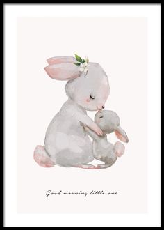 a watercolor painting of a white bunny holding a baby rabbit with the words good memory little ones on it