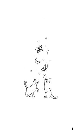 black and white drawing of two cats playing with a butterfly on the tip of their tail