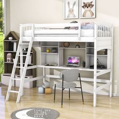 a white loft bed with stairs and desk in the corner, next to a window