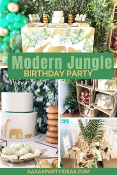 modern jungle birthday party with green and gold decorations, cake, desserts, and more