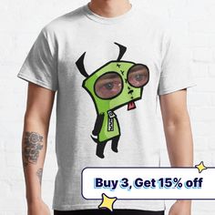 Standard fit with double-needle hems for durability. Solid colors are 100% preshrunk cotton, heather colors are cotton blend. Range of colors available, with the option to print on front or back. Size range S-3XL, suitable for men and women. Gir from invader zim! I really like him =) Cotton T-shirt With Character Print For Fans, Character Print Cotton T-shirt For Fans, Pop Culture Cotton T-shirt With Custom Print, Cotton Band Merch Tops With Character Print, Cotton T-shirt With Pop Culture Print, Cotton Band Merch Shirt With Character Print, Band Merch Cotton Shirt With Character Print, Green Cotton T-shirt With Character Print, Green Cotton Shirt With Character Print