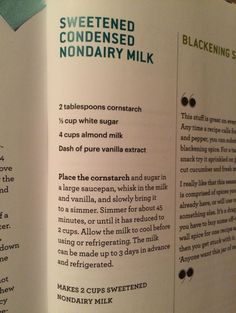 an open book with instructions on how to make homemade vanilla milk for breakfast or dessert