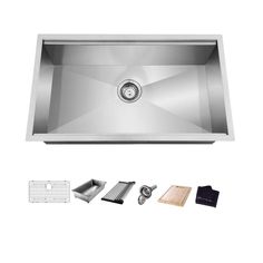 stainless steel kitchen sink with accessories including cutting board, strainer and faucet