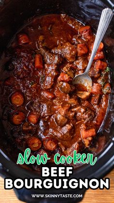 Make this melt-in-your-mouth Beef Bourguignon in the slow cooker simmered low and slow with mushrooms and carrots. It’s perfect for a cozy weeknight meal or an elegant weekend dinner party. #slowcooker #beef #crockpot #dinner #comfortfood